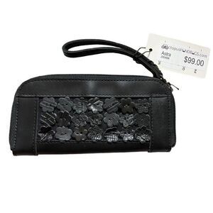 NWT Octopus Handbags Handmade Black Leather Hippie Boho Floral Wristlet Wallet 